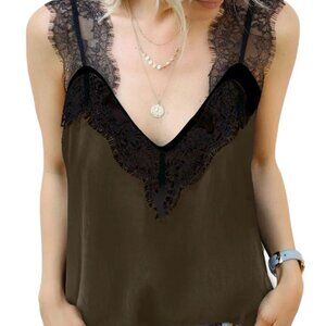 Lace Trim Olive Green V-Neck Sleeveless Top By Hope Horizon